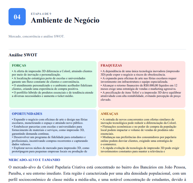 Página 4 do plano de negócios em PDF — Ambiente de Negócio — análise SWOT