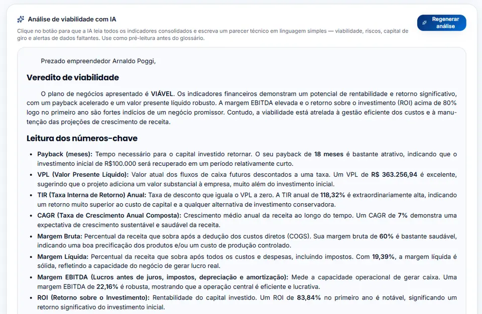 Parecer de viabilidade gerado pela IA a partir dos indicadores do plano