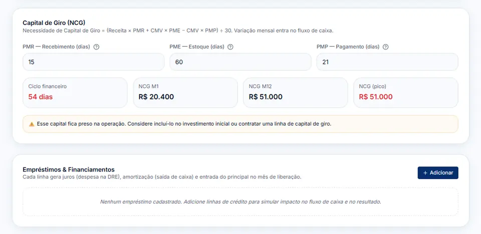 Necessidade de capital de giro na plataforma