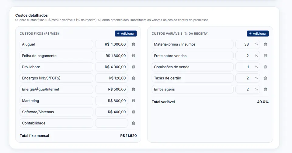 Cadastro de custos fixos e variáveis na plataforma