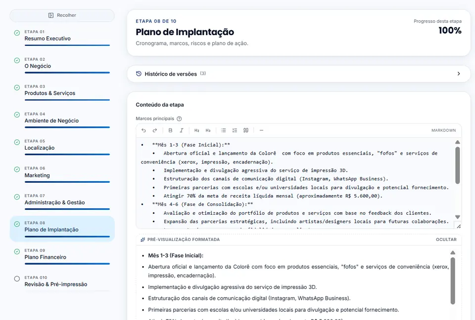 Etapa do plano de negócio com editor de texto e pré-visualização formatada
